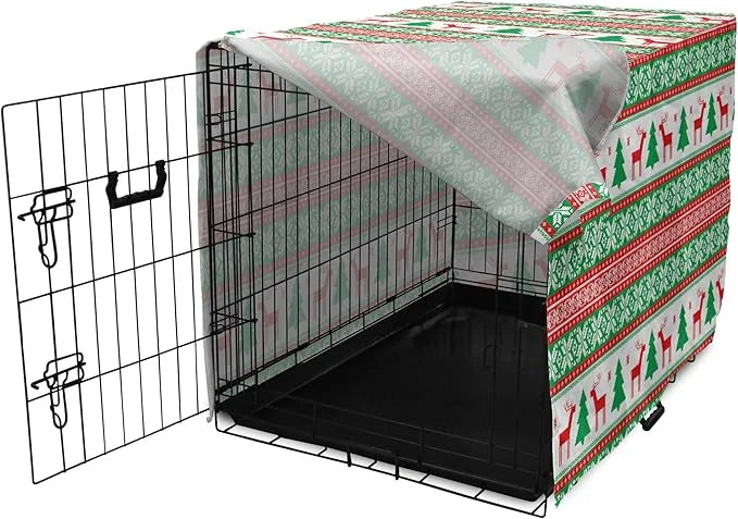 Ambesonne Christmas Dog Crate Cover, Knit Style Graphic Reindeer Star and Snowflake Holiday Family Theme, Easy to Use Pet ...