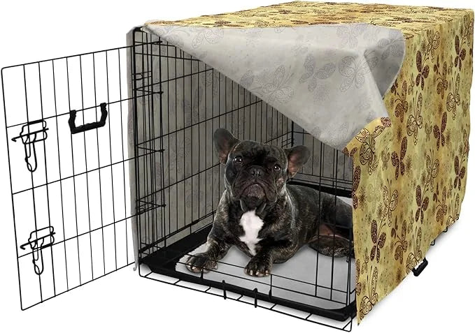 Lunarable Yellow and Brown Dog Crate Cover, Butterflies with Lace Style Ornament Spring Season Beauty Nature Print, Easy t...
