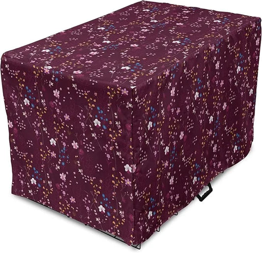 Lunarable Maroon Dog Crate Cover, Pattern of Wildflowers Scene Botanical Spring Time Elements Colorful Blooms, Easy to Use...