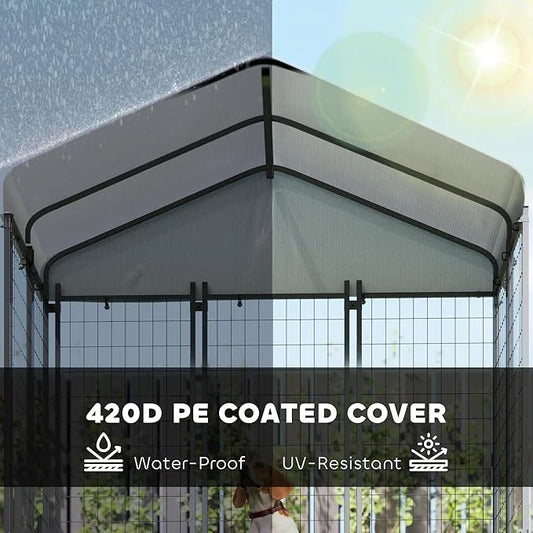 PawHut 5.9' x 4' x 6' Outdoor Dog Kennel, Welded Wire Heavy Duty Dog Run with 360° Rotating & 4 Level Adjustable Bowls, Do...