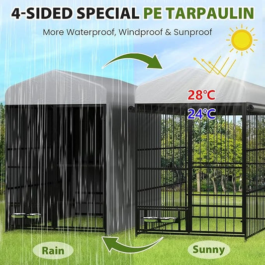 Rovibek Outdoor Dog Kennel with Roof, Dog Kennel Outside Heavy Duty Dog Playpen, Dog Run Enclosure with 2 Rotating Bowl & ...