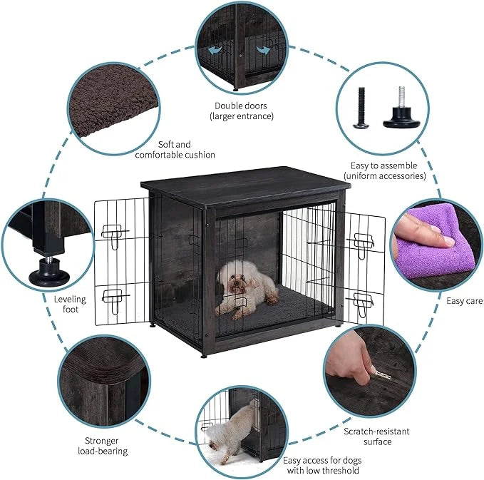 DWANTON Dog Crate Furniture with Cushion, Wooden Kennel Table with Double Doors, Indoor Dog House, Small/Medium/Large/Extr...