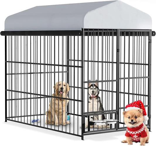 6.6 x 3.9 x 5.9 FT Outdoor Dog Kennel with Roof, Large Dog Kennel Outdoor with Rotating Feeding Bowls, Waterproof and Sunp...