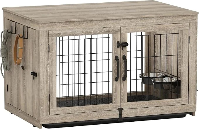 Piskyet Wooden Dog Crate Furniture with 360°Rotatable Removable Dog Bowls, Dog Crate End Table with Tray, Double Doors Dog...