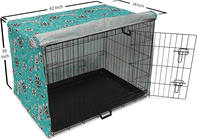 Lunarable Flower Dog Crate Cover, Abstract Monochrome Floral with Botanical Items, Easy to Use Pet Kennel Cover for Medium...