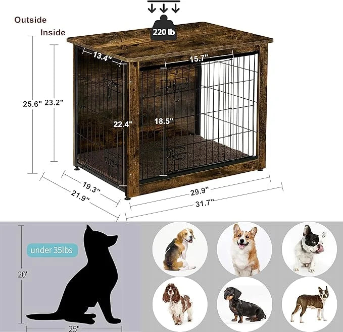 DWANTON Dog Crate Furniture with Cushion, Wooden Kennel Table with Double Doors, Indoor Dog House, Medium Size, 32.5" L, R...