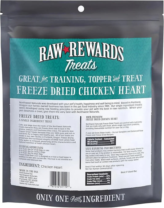 Northwest Naturals Raw Rewards Freeze-Dried Chicken Heart Treats for Dogs and Cats - Bite-Sized Pieces - Healthy, 1 Ingred...