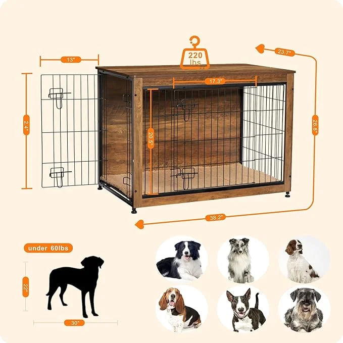 DWANTON Dog Crate Furniture with Cushion, Wooden Kennel Table with Double Doors, Indoor Dog House, Large Size, 38.5" L, Wa...