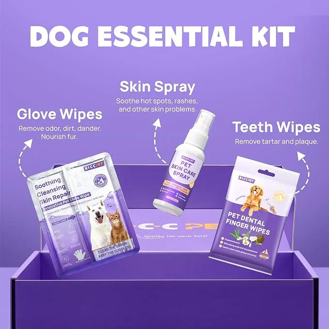 HICC PET Dogs Essential Clean & Care Kit - Pets Hot Spot Treatment & Itch Relief Spray + Cleaning Deodorizing Teeth and Bo...