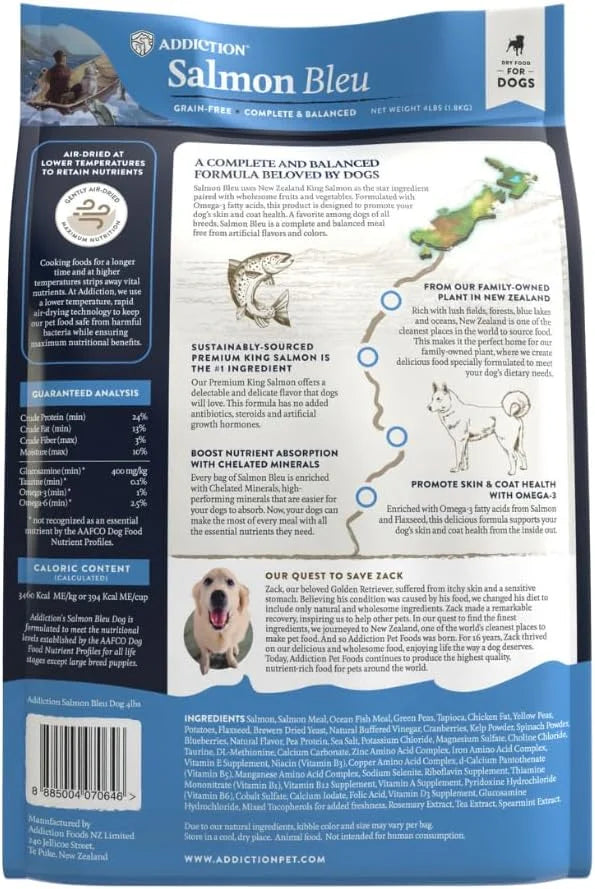 Addiction Salmon Bleu Grain-Free Dry Dog Food Formula - New Zealand King Salmon, Probiotic-Rich Fruits & Vegetables, Fish ...