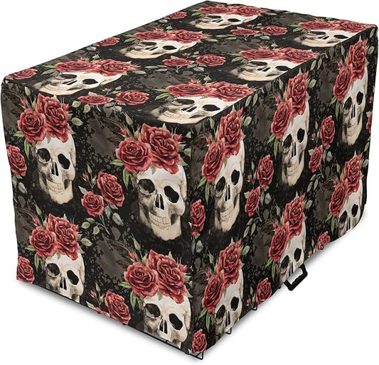 Lunarable Halloween Dog Crate Cover, Mexican Sugar Skull Rose Bouquets Spooky Traditional Humour Culture, Easy to Use Pet ...