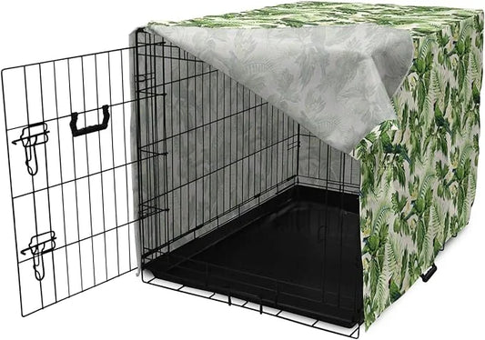 Lunarable Green Dog Crate Cover, Exotic Tropic Pattern with Palm Leaves Breadfruits Plumeria Flowers and Parrots, Easy to ...