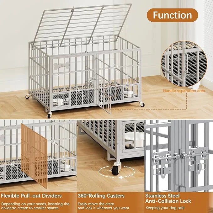 aboxoo 48/42 inch Heavy Duty Metal Dog Crate for 2 Dogs/Large Dog,All Metal Open Top,Dog Kennel Indoor with Wheels,Floor G...