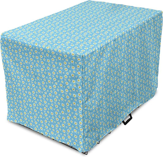 Lunarable Yellow and Blue Dog Crate Cover, Graphic Daisies Chamomiles Summer Nature Pattern with Dots, Easy to Use Pet Ken...