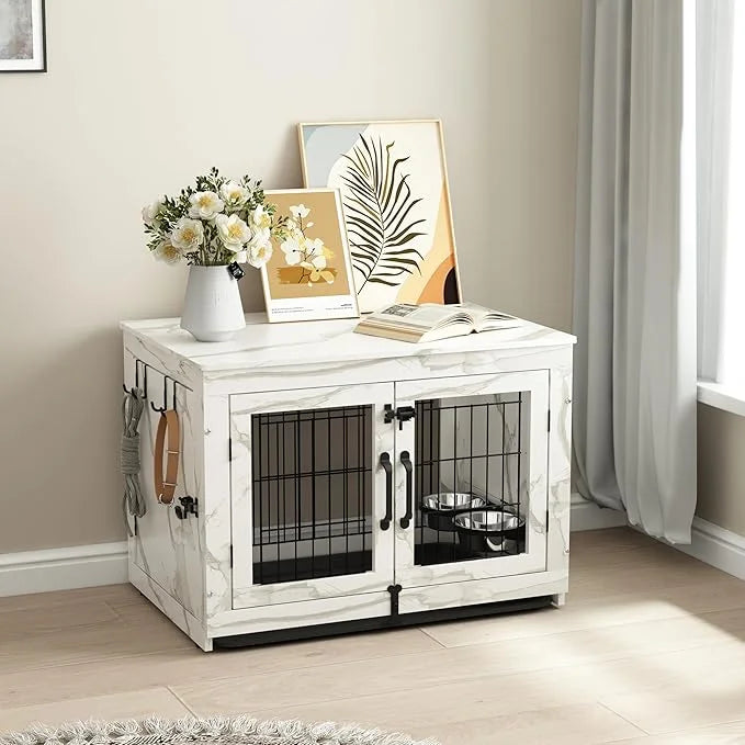 Piskyet Wooden Dog Crate Furniture with 360°Rotatable Removable Dog Bowls, Dog Crate End Table with Tray, Double Doors Dog...