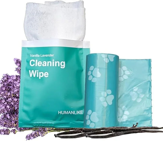 Vanilla Lavender Scent 180 Dog Poop Bags Rolls (12 rolls) & 25 Individual Pet Wipes - 2 in 1 Calming Cleaning Kit for Pet ...