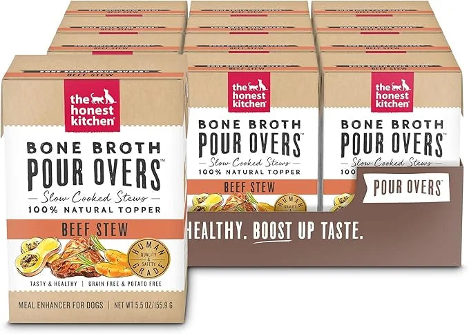 The Honest Kitchen Bone Broth POUR OVERS Wet Toppers for Dogs (12 Pack), 5.5 oz - Beef Stew - Product Image