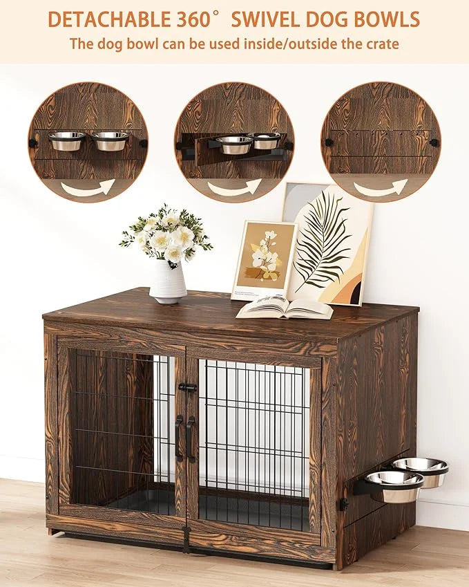 Piskyet Wooden Dog Crate Furniture with 360°Rotatable Removable Dog Bowls, Dog Crate End Table with Tray, Double Doors Dog...