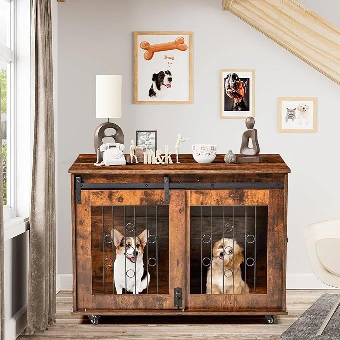 2 Rooms Dog Crate Furniture with Movable Divider,39" Wooden Dog Crate Table,Wooden Dog Kennel Pet House Cage,Flip Top 39.3...
