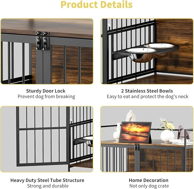 ROOMTEC Dog Crate Furniture-Style Cages for Large Dogs Indoor Heavy Duty Super Sturdy Dog Kennels with 2 Stainless Steel B...