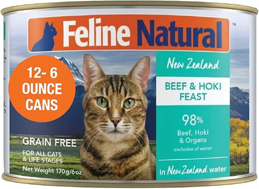 Feline Natural Wet Cat Food Pate, Beef & Hoki Feast, 6 Oz Cans (Pack of 12), Grain Free, Made in New Zealand with Grass-Fe...