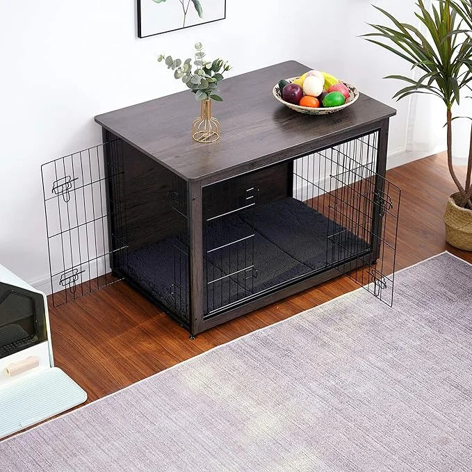 DWANTON Dog Crate Furniture with Cushion, Wooden Kennel Table with Double Doors, Indoor Dog House, Large Size, 38.5" L, Da...
