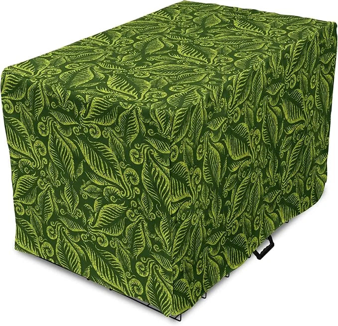 Lunarable Hunter Green Dog Crate Cover, Baroque Style Damask Floral Pattern with Leaves Swirled Branches Retro Design, Eas...