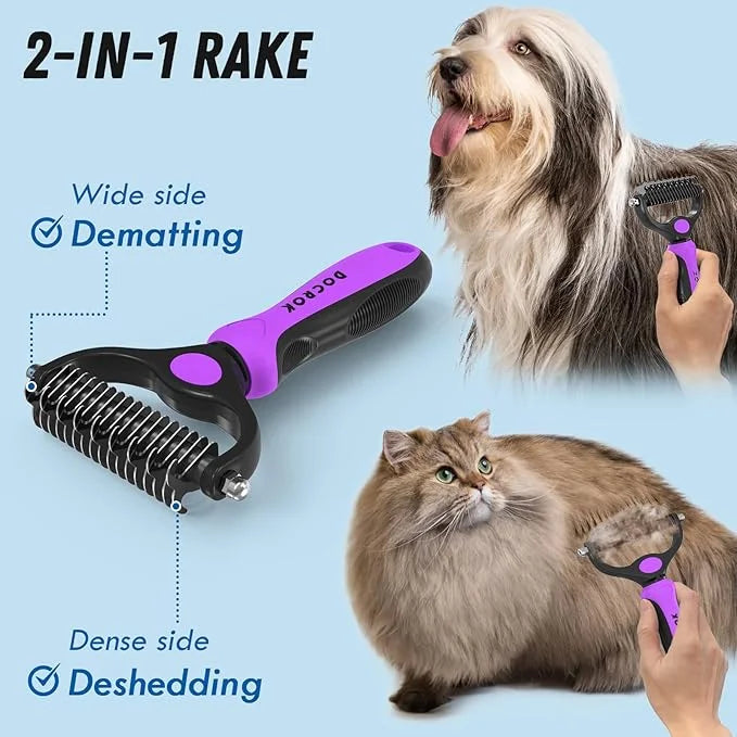 Pet Grooming Brush and Metal Comb Combo - Undercoat Rake for Dematting and Deshedding Long Matted Haired Dogs and Cats, Pu...