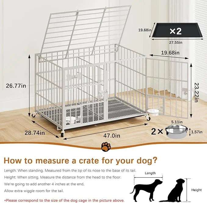 aboxoo 48/42 inch Heavy Duty Metal Dog Crate for 2 Dogs/Large Dog,All Metal Open Top,Dog Kennel Indoor with Wheels,Floor G...