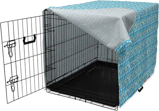 Lunarable Yellow and Blue Dog Crate Cover, Funny Cartoon Hippopotamus with Stars and Daisy Flowers, Easy to Use Pet Kennel...