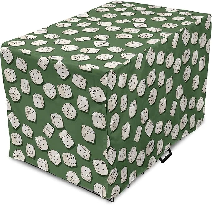 Lunarable Casino Dog Crate Cover, Cartoon Style Dices Pattern on Green Background Chance Game Lucky Jackpot, Easy to Use P...