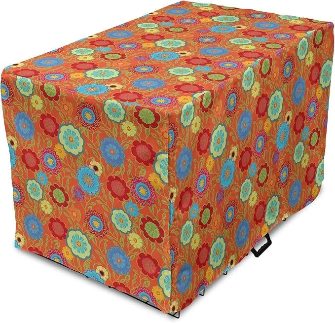 Ambesonne Floral Dog Crate Cover, Continuous Art Abstract Flowers and Outline Curls Leaves Print, Easy to Use Pet Kennel C...
