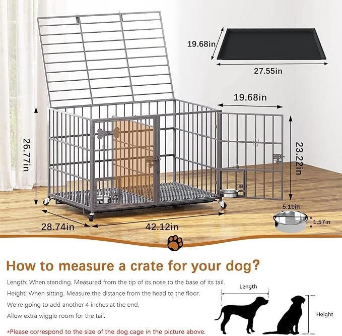 aboxoo 42/48 inch Heavy Duty Metal Dog Crate for 2 Dogs/Large Dog,All Metal Open Top,Dog Kennel Indoor with Wheels,Floor G...
