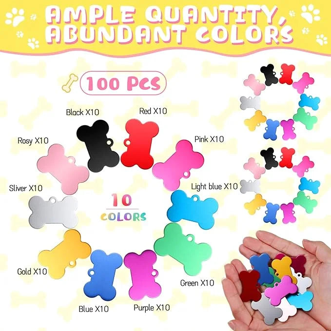 100 Pcs Blank Dog Pet Tags for Engraving 38MM Aluminum Bone Shape Name Tag Colorful Double Sided Dog Cat Phone Number Tag ...