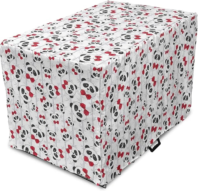 Lunarable Panda Dog Crate Cover, Funny Pattern of Asian Bear Animal in Romantic Bow Tie Cartoon Design, Easy to Use Pet Ke...