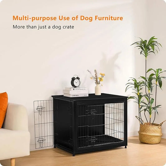DWANTON Dog Crate Furniture with Cushion, Wooden Kennel Table with Double Doors, Indoor Dog House, Medium Size, 32.5" L, B...