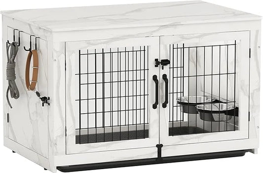 Piskyet Wooden Dog Crate Furniture with 360°Rotatable Removable Dog Bowls, Dog Crate End Table with Tray, Double Doors Dog...