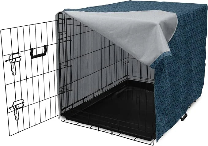 Lunarable Damask Blue Dog Crate Cover, Repetition with Rococo Inspired Royal Style Ornamental Pattern, Easy to Use Pet Ken...