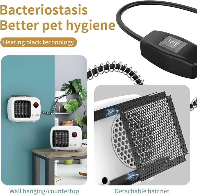Thermostatic Dog House Heater with Anti-Bite Wires, Wall-Mounted Pet Heater with 2 Wind Speed Modes (300W/600W), Suitable ...