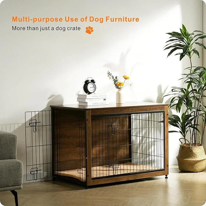 DWANTON Dog Crate Furniture with Cushion, Wooden Kennel Table with Double Doors, Indoor Dog House, Large Size, 38.5" L, Wa...