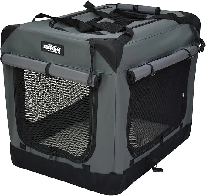 EliteField 4-Door Folding Soft Dog Crate with Curtains, Carrying Bag and Fleece Bed (2 Year Warranty), Indoor & Outdoor Pe...