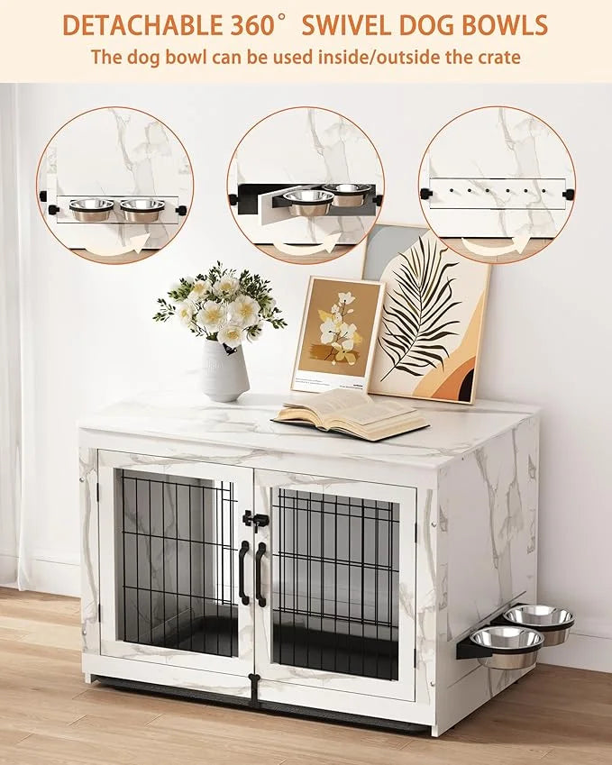 Piskyet Wooden Dog Crate Furniture with 360°Rotatable Removable Dog Bowls, Dog Crate End Table with Tray, Double Doors Dog...