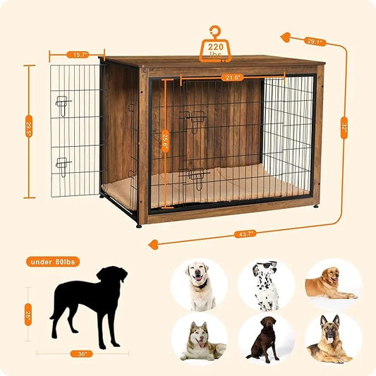 DWANTON Dog Crate Furniture with Cushion, Wooden Kennel Table with Double Doors, Indoor Dog House, Extra Large, 43.3" L, W...