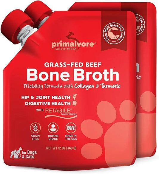 Primalvore Grass-Fed Beef Bone Broth for Dogs &Cats, Mobility Formula w/Collagen Peptides to Help Support Hip & Joints, Di...