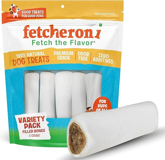 Variety Pack Stuffed Dog Bones (Flavors: Bacon & Cheese, Peanut Butter, and Beef) - 3-4 Inch Long Dog Treats - Natural Stu...