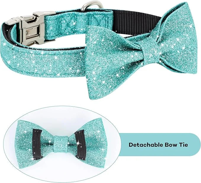 Bling Dog Bow Tie Collar for Small Medium Dogs, Cute Teal Boy Dog Collar with Bow for Daily Walking or Christmas Holiday (...