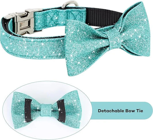 Bling Dog Bow Tie Collar for Small Medium Dogs, Cute Teal Boy Dog Collar with Bow for Daily Walking or Christmas Holiday (...