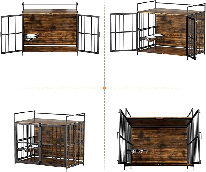 ROOMTEC Furniture Style Large Dog Crate with 360° & Adjustable Raised Feeder for Dogs 2 Stainless Steel Bowls -End Table H...