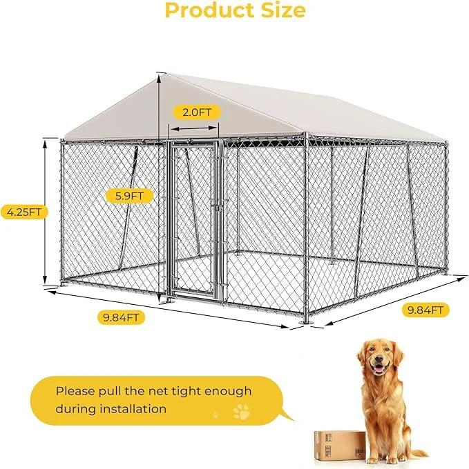 10 x 10FT Large Outdoor Dog Kennel with Roof, Dog Kennel Outside with Waterproof Cover, Galvanized Heavy Duty Chain Link D...