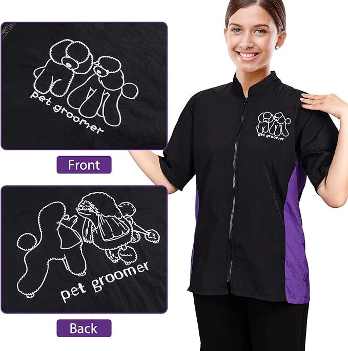Noverlife Short Sleeves Pet Grooming Workwear With Full Zipper, 3XL Size, Anti-Static Beautician Smock, Lightweight Groome...